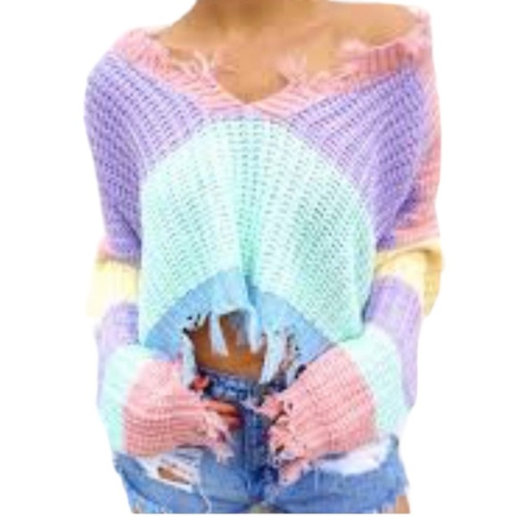 Storia “Candy Land” Distressed Fringed Sweater - Picture 1 of 5